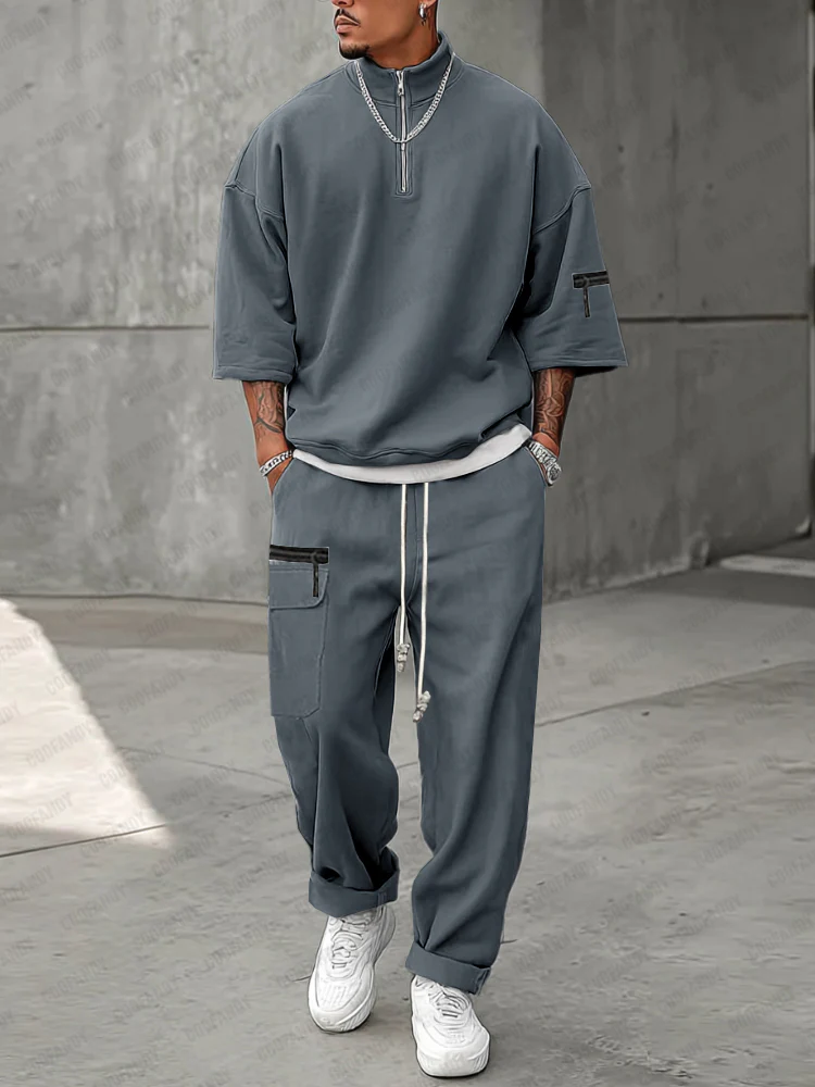 Athleisure Zipper Pullover Top Pants Set - Image 2