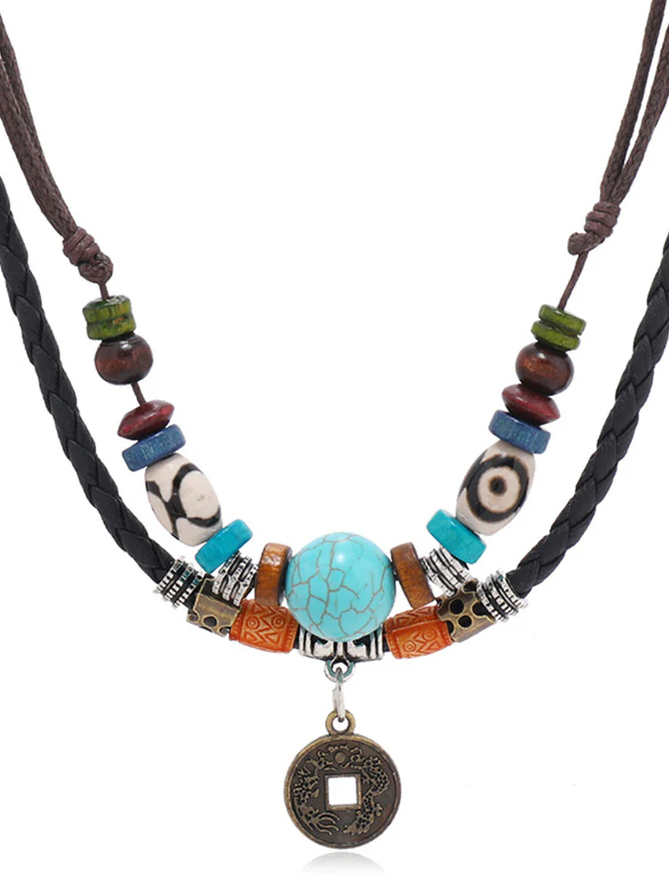Boho Layered Turquoise Beaded Pendant Necklace