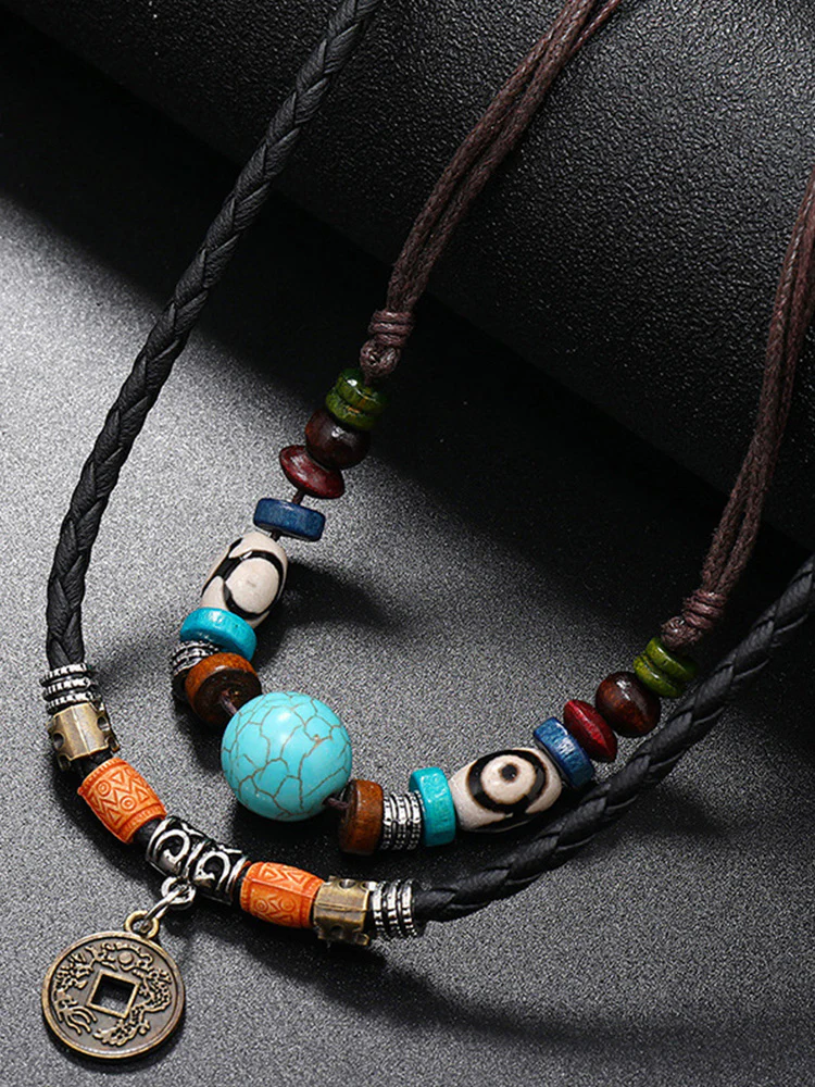 Boho Layered Turquoise Beaded Pendant Necklace - Image 2