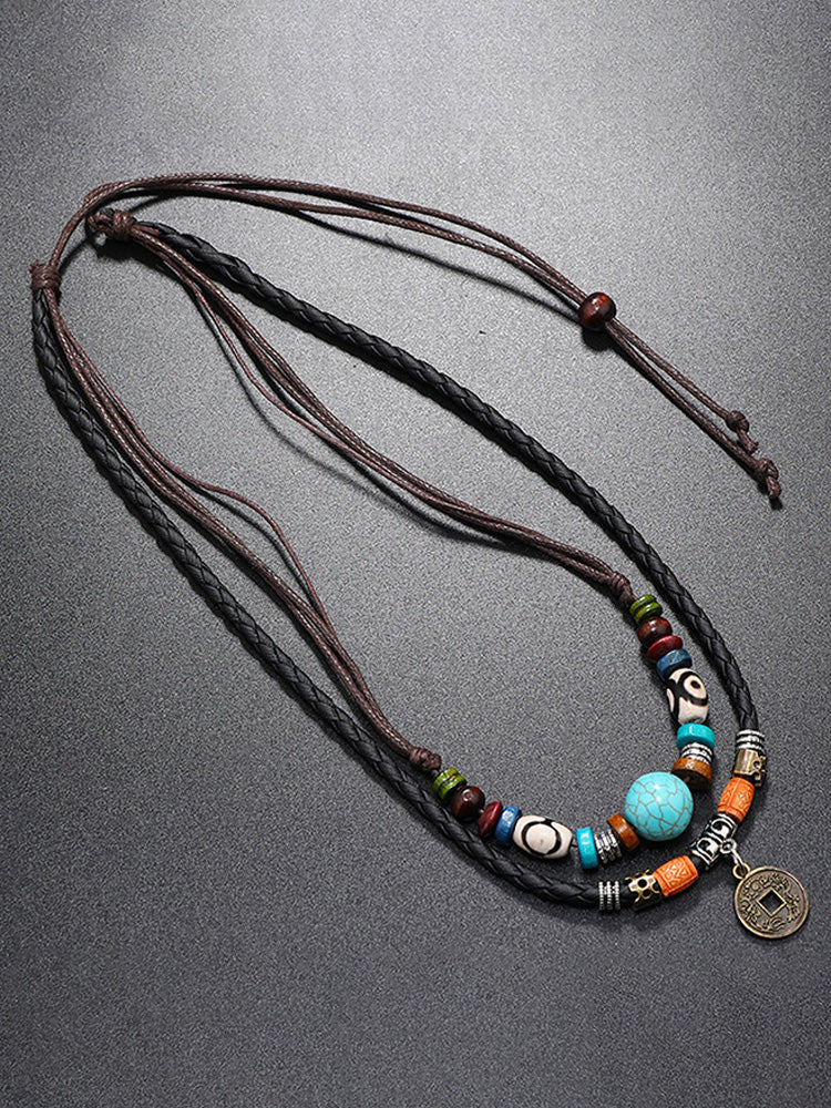 Boho Layered Turquoise Beaded Pendant Necklace - Image 4