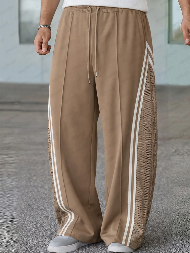 Breathable Mesh Panel Side Stripe Casual Pants - Image 2