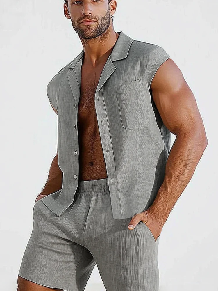 Breathable Textured Shirt Shorts Set