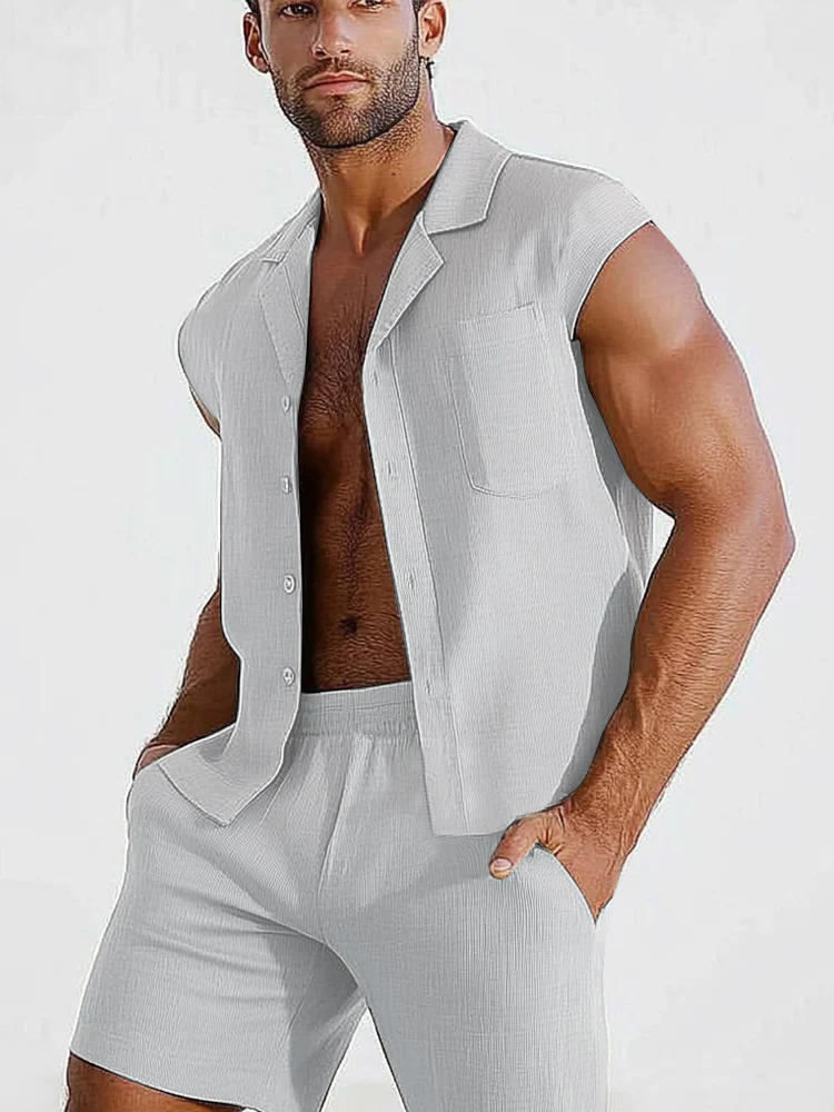 Breathable Textured Shirt Shorts Set - Image 2