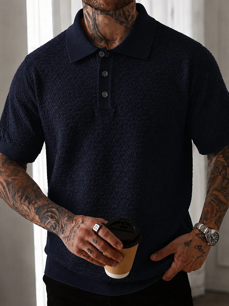 Button Diamond Pointelle Openwork Casual Business Tee - Image 3