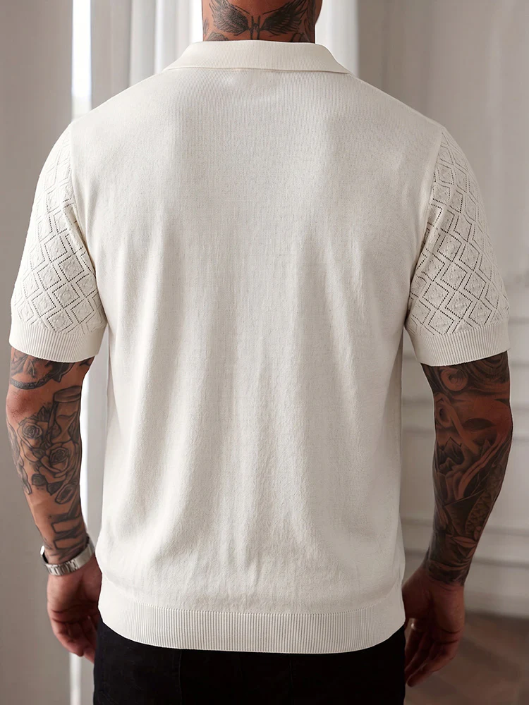 Button Diamond Pointelle Openwork Casual Business Tee - Image 4