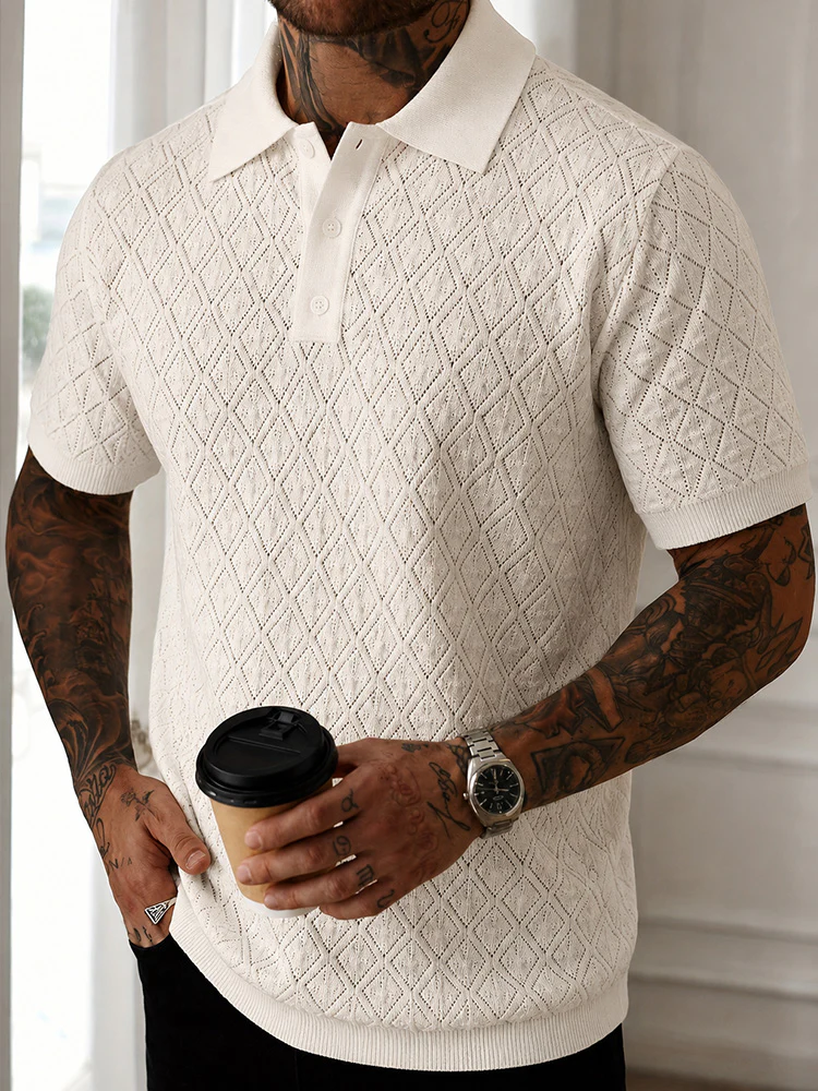 Button Diamond Pointelle Openwork Casual Business Tee - Image 5