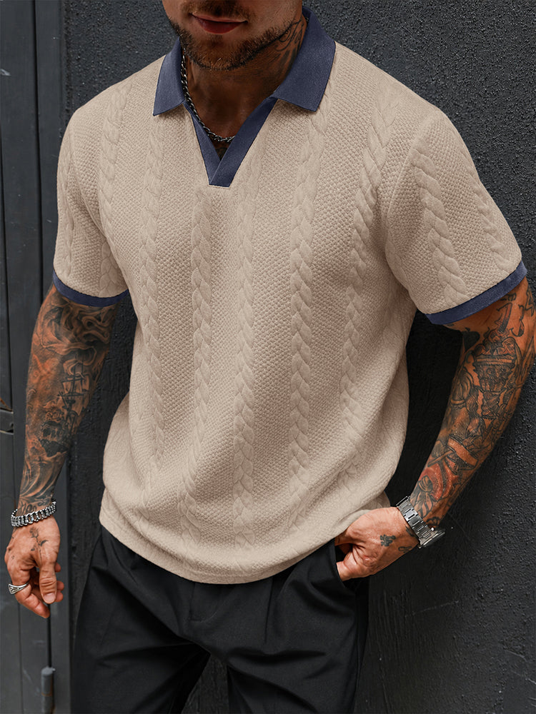 Buttonless V-Neck Cable Textured Casual Business Tee - Image 2