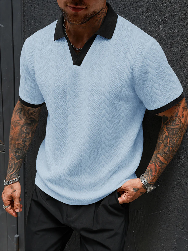 Buttonless V-Neck Cable Textured Casual Business Tee - Image 4