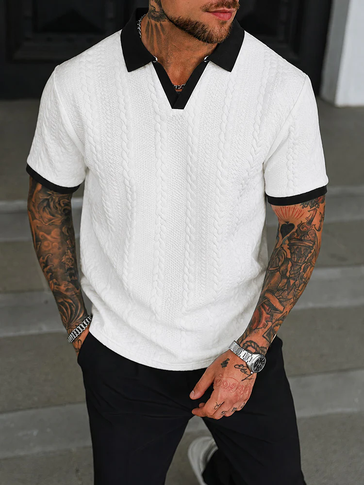 Buttonless V-Neck Cable Textured Casual Business Tee - Image 9