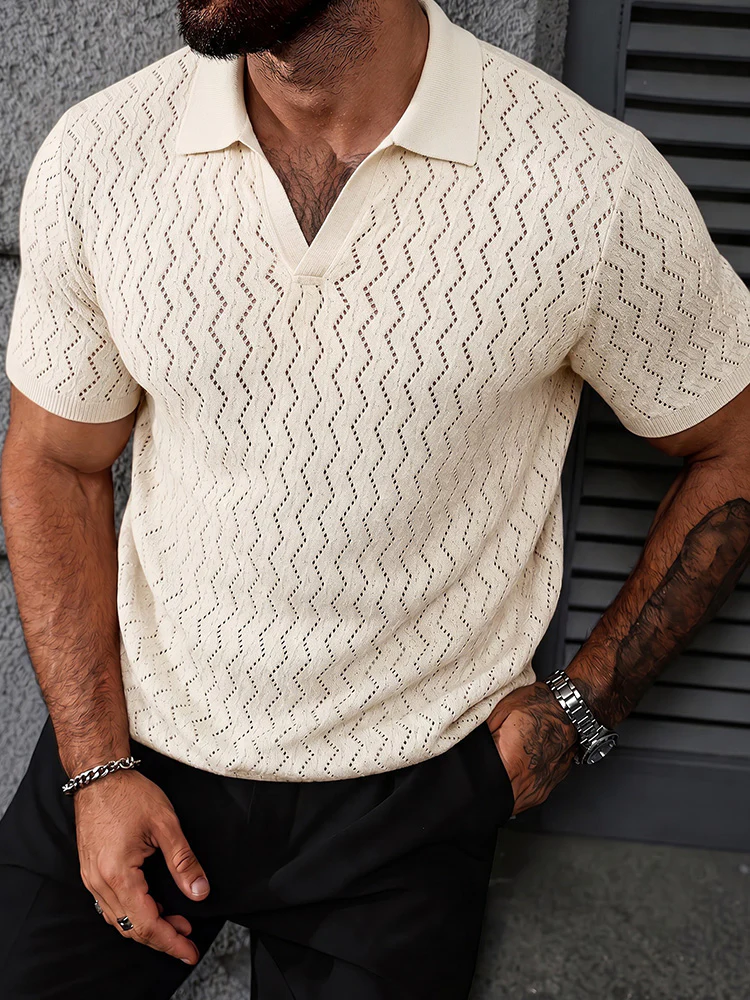 Buttonless V-Neck Wavy Openwork Casual Business Tee - Image 2