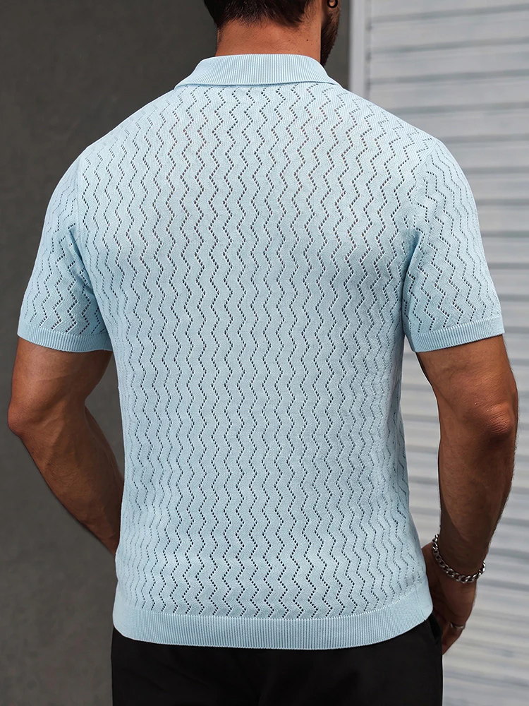 Buttonless V-Neck Wavy Openwork Casual Business Tee - Image 3