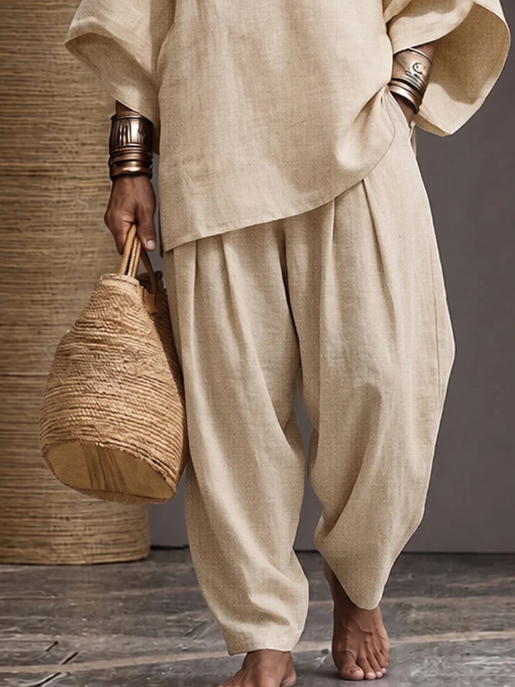 Casual 100% Cotton Oversized Tunic Top Pants Set - Image 4