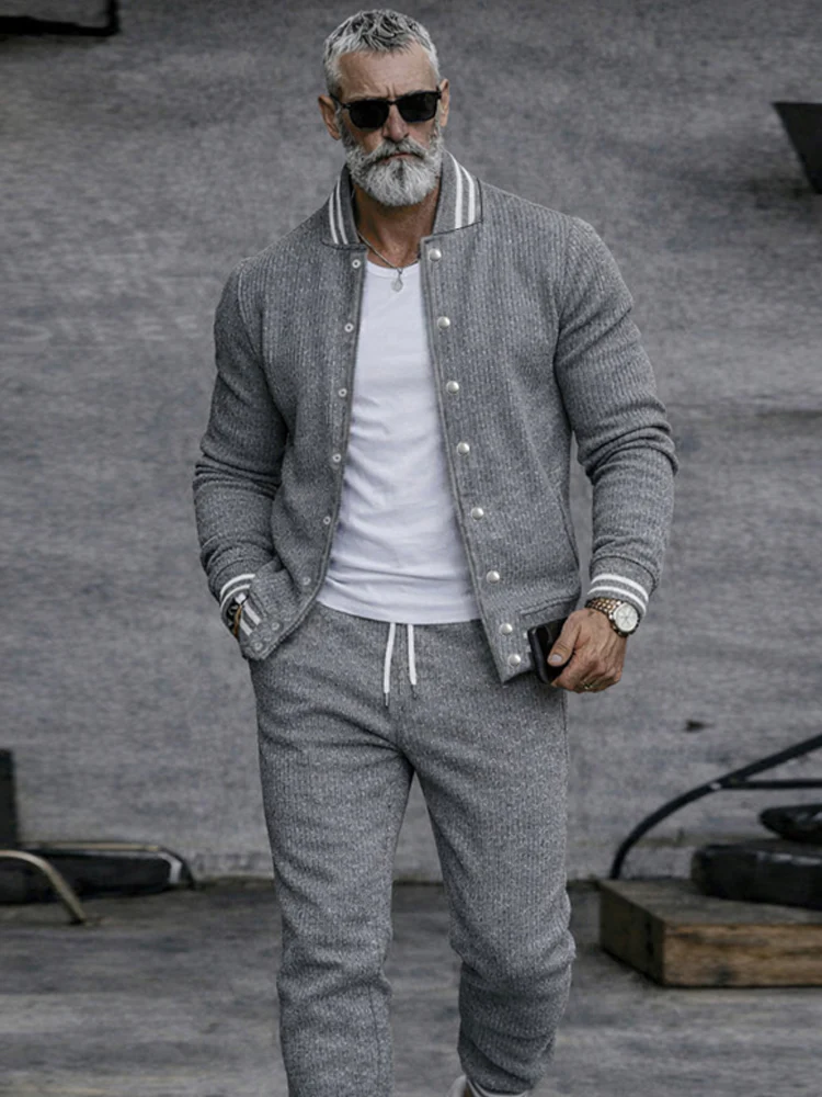 Casual Active Knit Bomber Jacket Jogger Set - Image 3