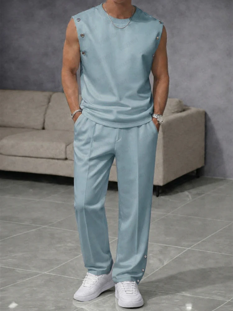 Casual Button Accent Tank Top Pants Set