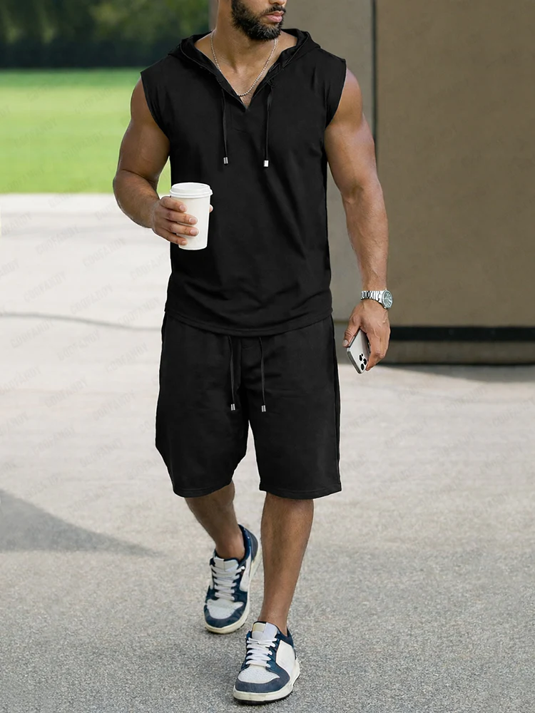 Casual Comfort Solid Hooded Tank Top Set - Image 2