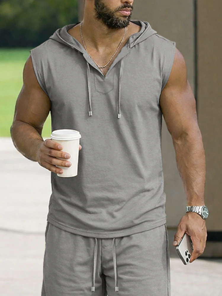 Casual Comfort Solid Hooded Tank Top Set - Image 3