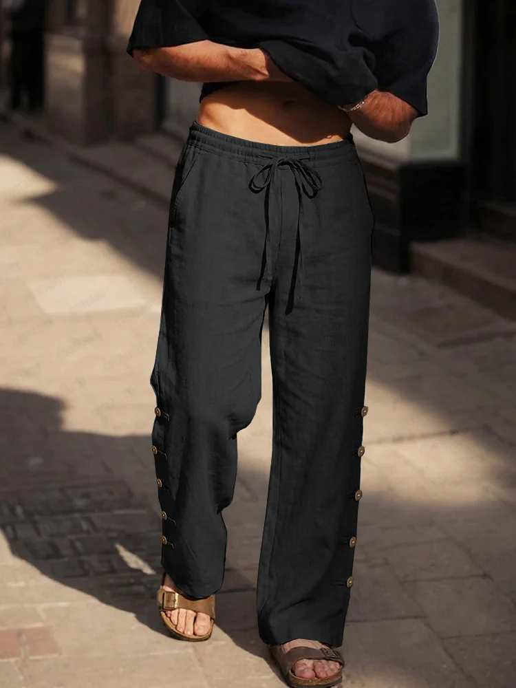 Casual Comfy Cotton Button Accent Pants - Image 2