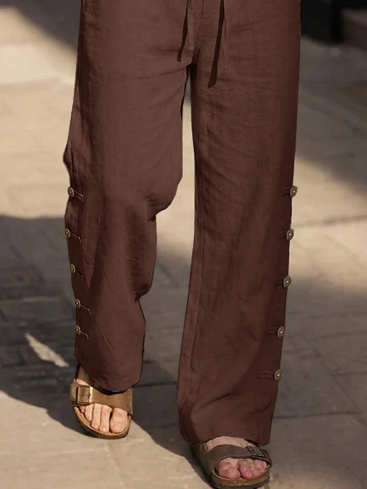Casual Comfy Cotton Button Accent Pants - Image 4