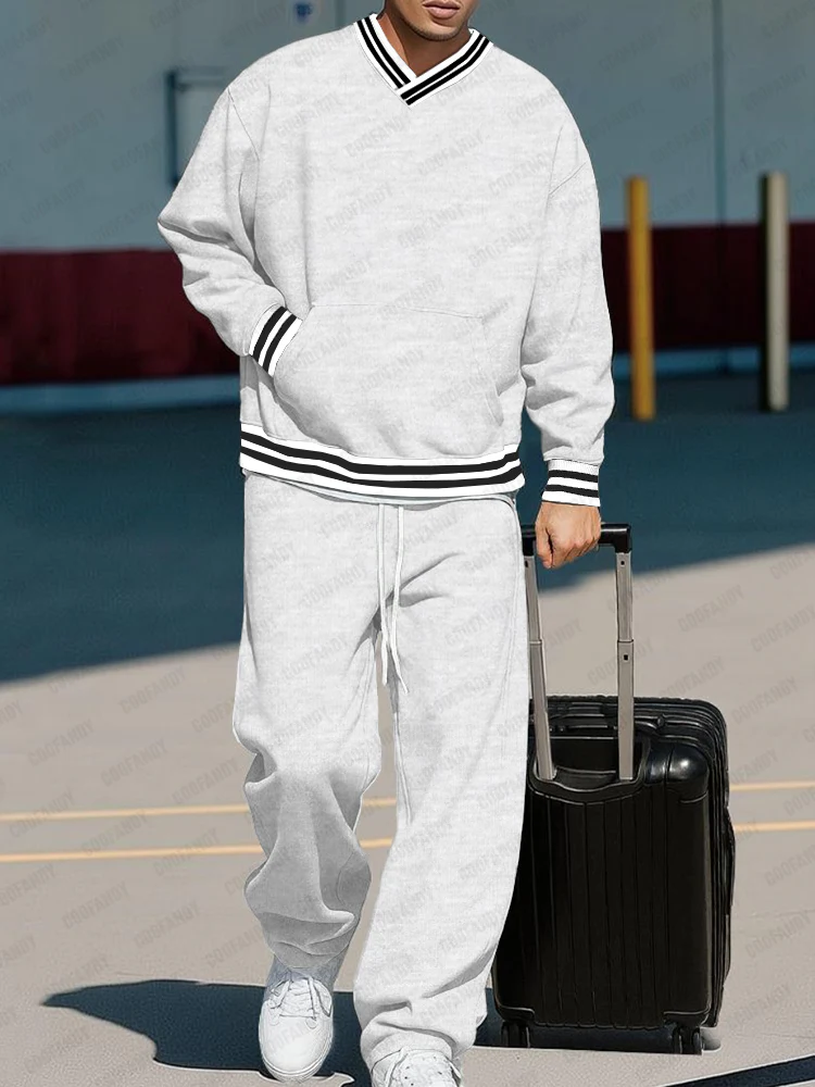Casual Contrast Ribbed Sweatshirt Pants Set - Image 2