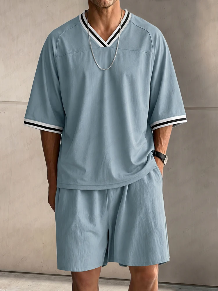 Casual Contrast Striped Raglan Sleeve T-Shirt Set - Image 2