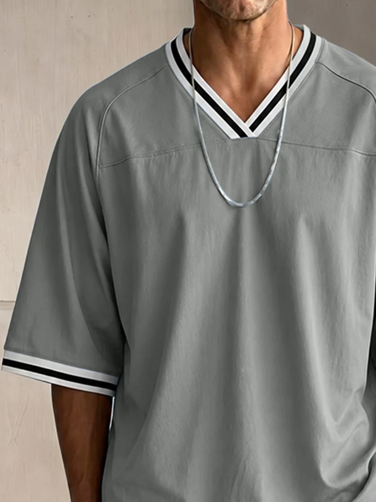 Casual Contrast Striped Raglan Sleeve T-Shirt Set - Image 3