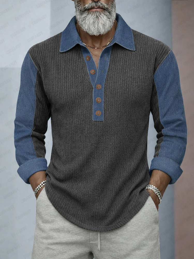 Casual Denim Patchwork Contrast Knit Shirt - Image 2