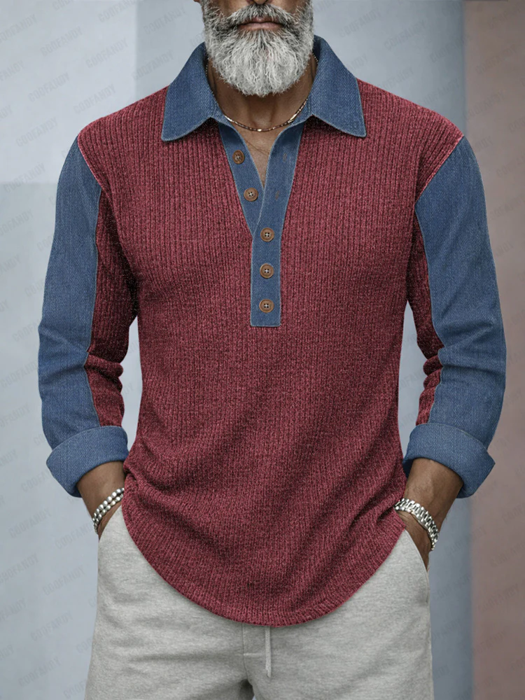 Casual Denim Patchwork Contrast Knit Shirt - Image 3