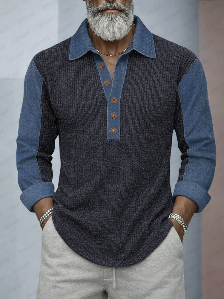 Casual Denim Patchwork Contrast Knit Shirt - Image 4