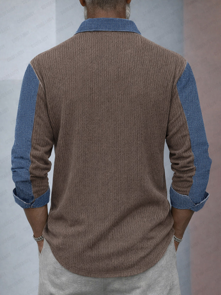 Casual Denim Patchwork Contrast Knit Shirt - Image 5