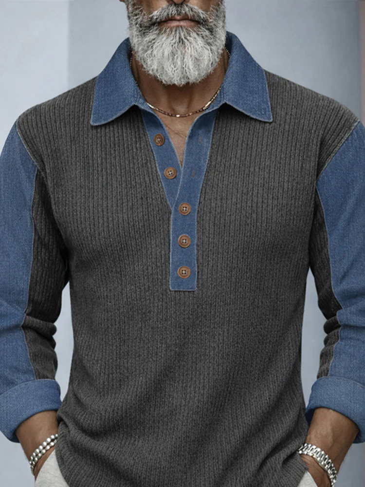 Casual Denim Patchwork Contrast Knit Shirt - Image 6