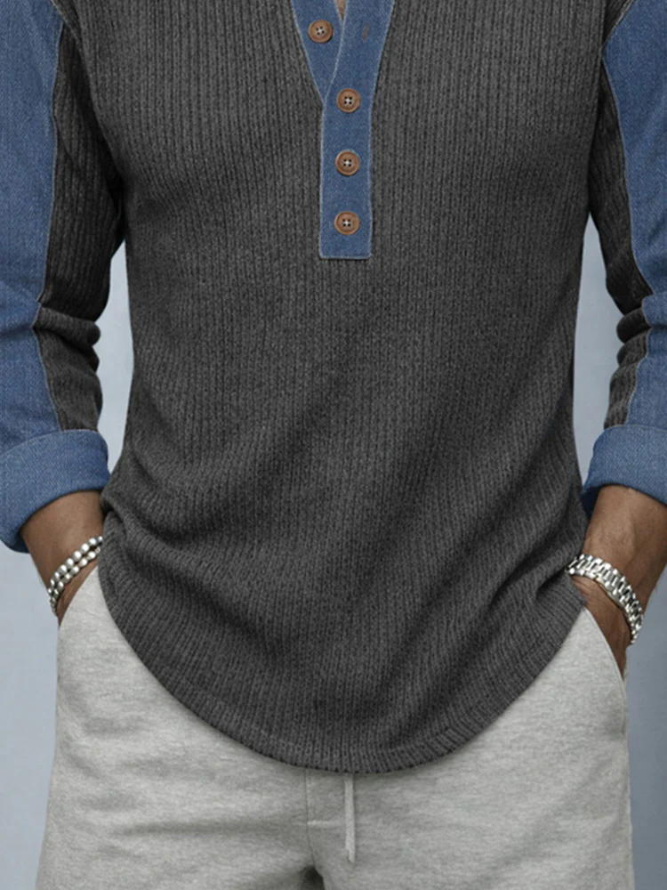 Casual Denim Patchwork Contrast Knit Shirt - Image 7