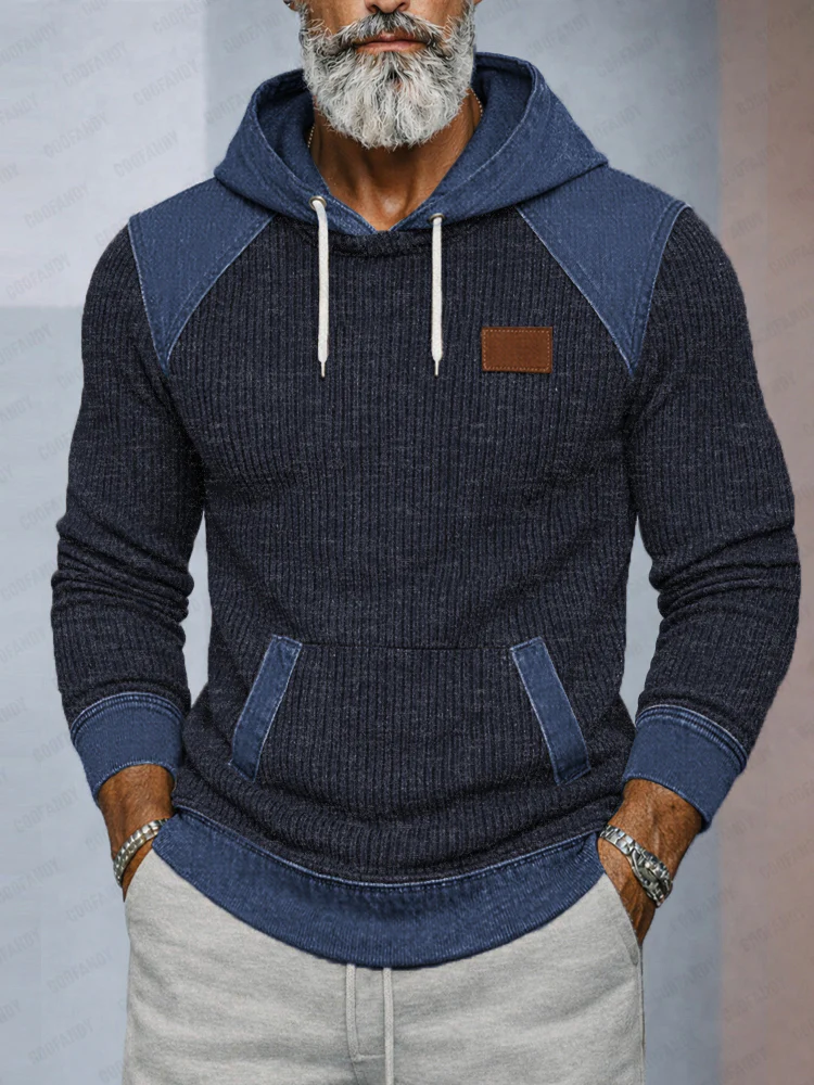 Casual Denim Patchwork Knit Hoodie - Image 2