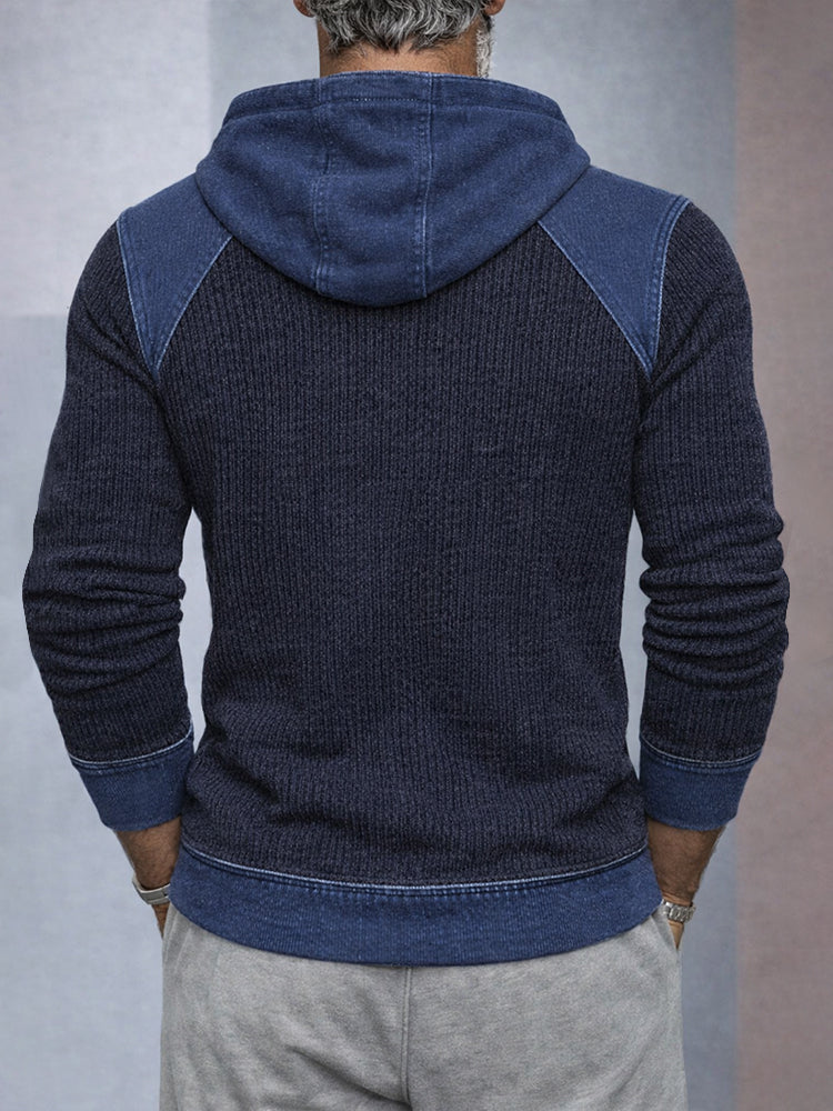 Casual Denim Patchwork Knit Hoodie - Image 3