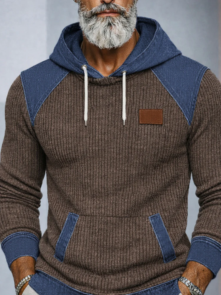 Casual Denim Patchwork Knit Hoodie - Image 4