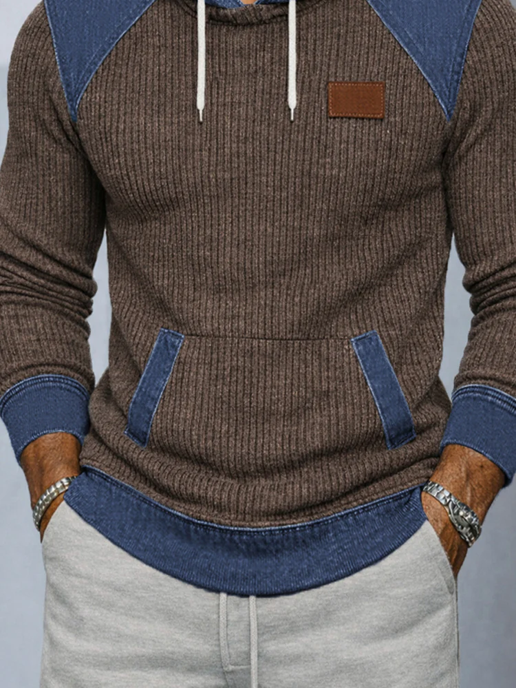 Casual Denim Patchwork Knit Hoodie - Image 5
