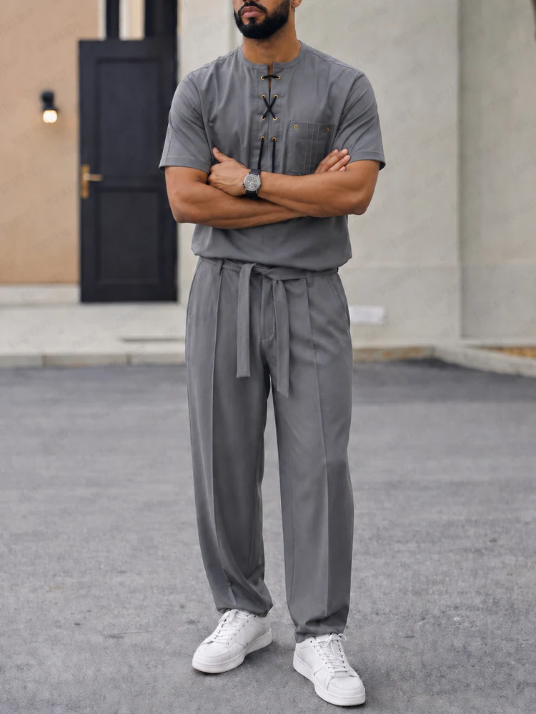Casual Drawstring Design T-Shirt Pants Set - Image 2