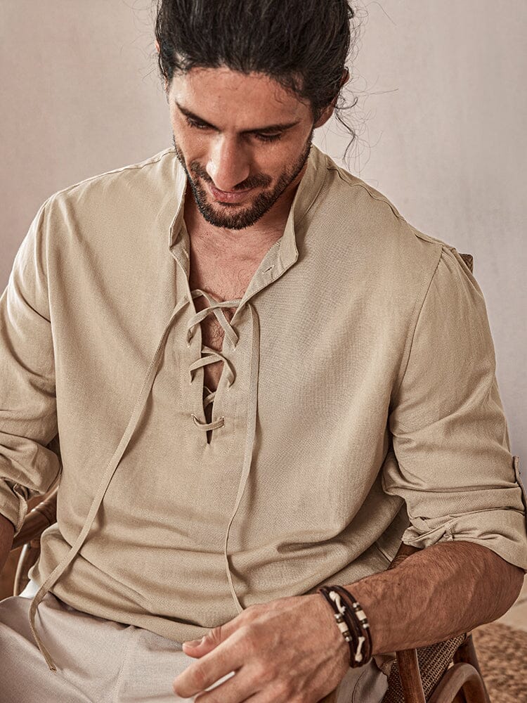 Casual Drawstring Linen Blend Shirt - Image 3