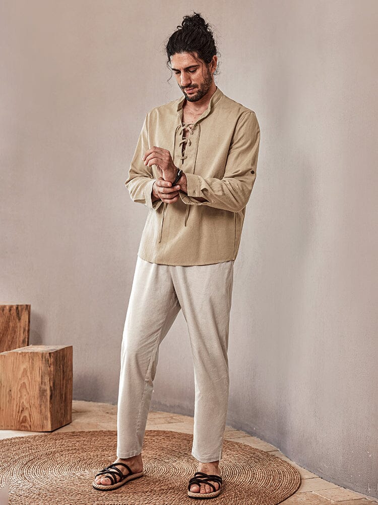 Casual Drawstring Linen Blend Shirt - Image 4