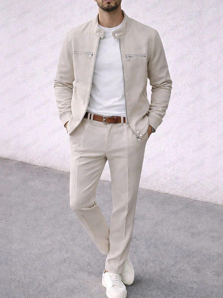 Casual Faux Suede Racer Jacket Pants Set