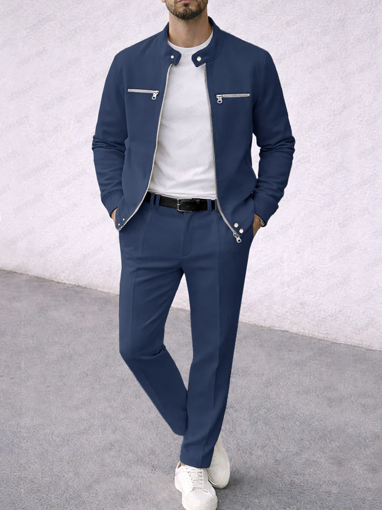 Casual Faux Suede Racer Jacket Pants Set - Image 2
