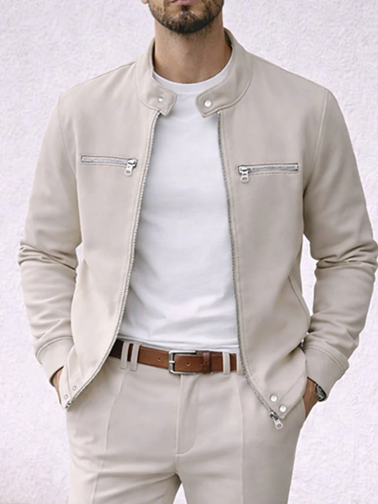 Casual Faux Suede Racer Jacket Pants Set - Image 3