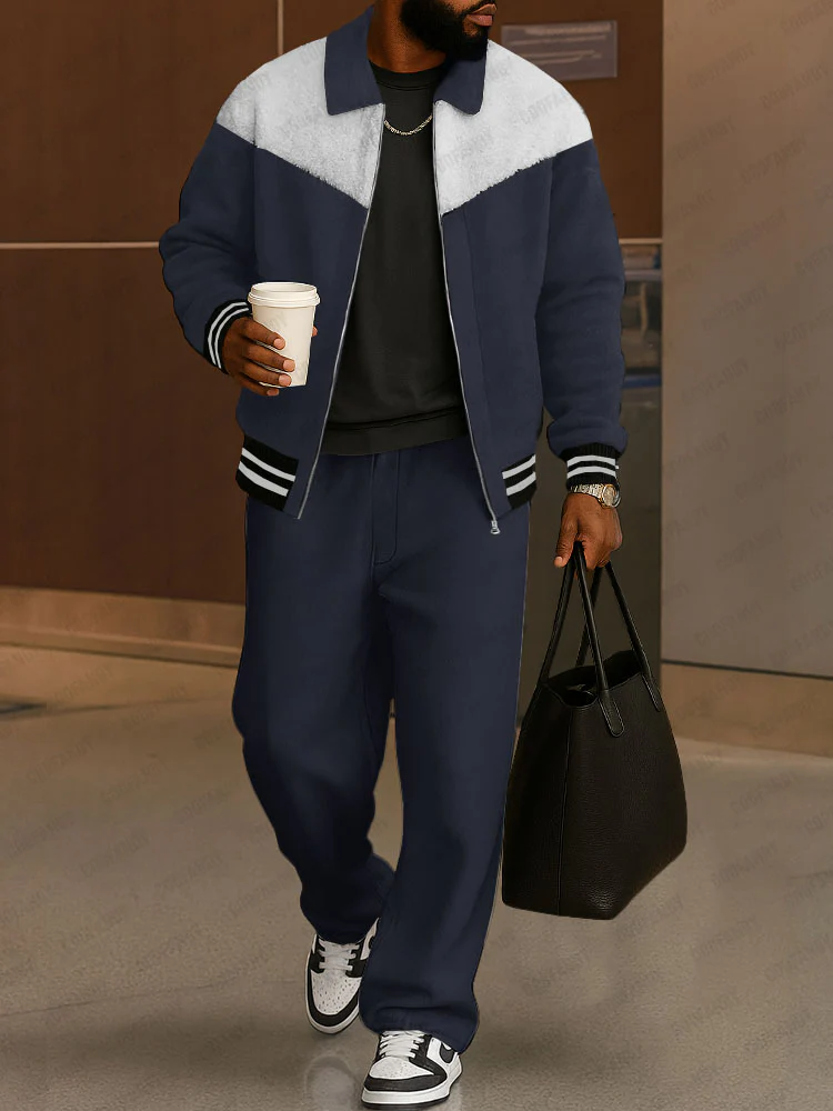 Casual Fleece Patchwork Jacket Pants Set - Image 2