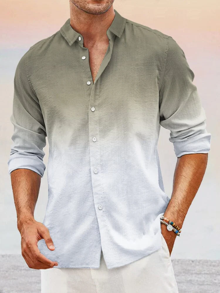 Casual Gradient Splicing Cotton Linen Shirt - Image 2
