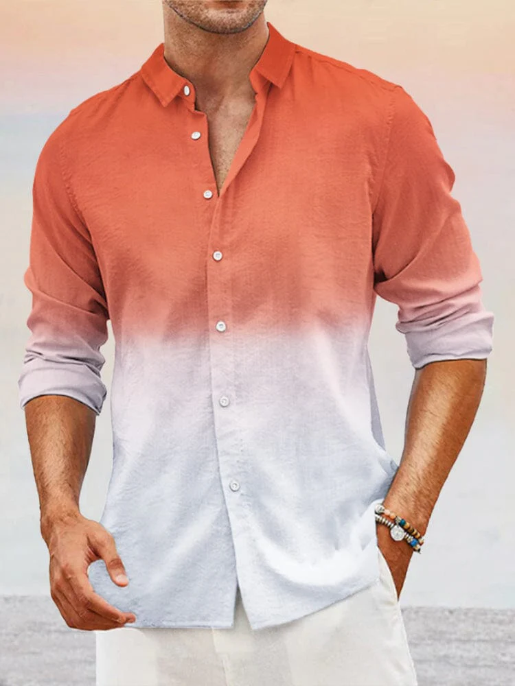 Casual Gradient Splicing Cotton Linen Shirt - Image 3
