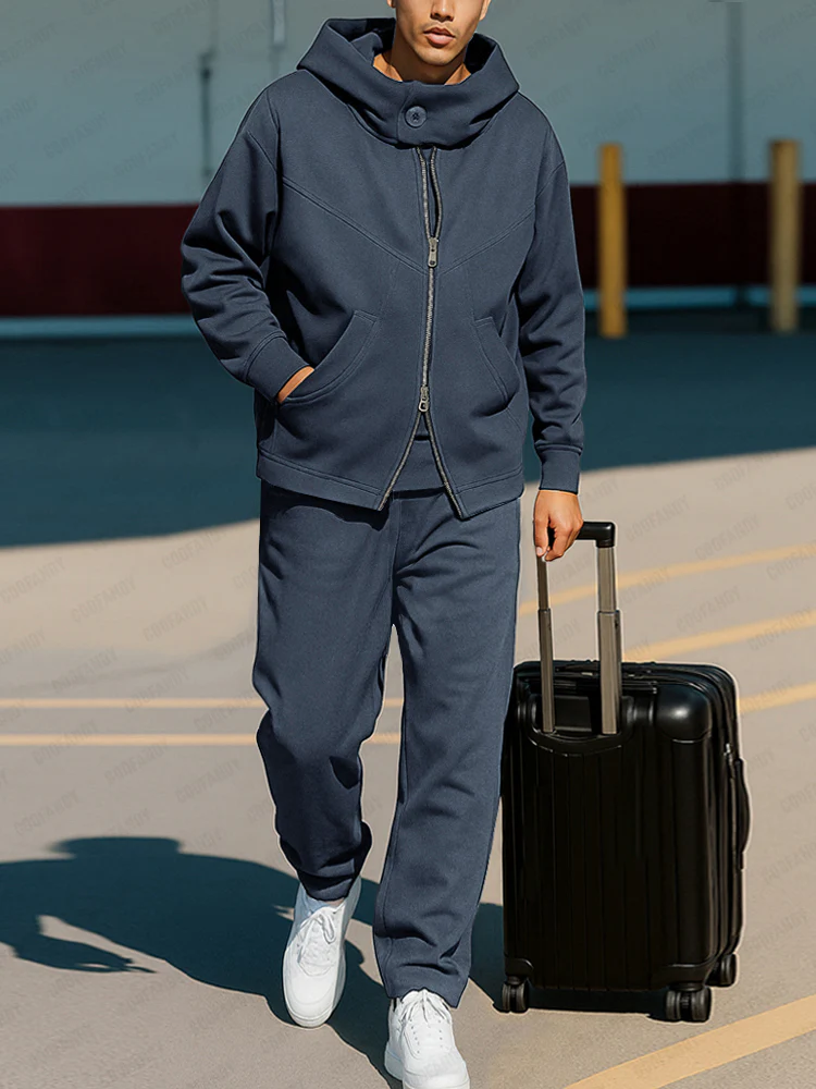 Casual Hooded Two-Way Zip Jacket Set