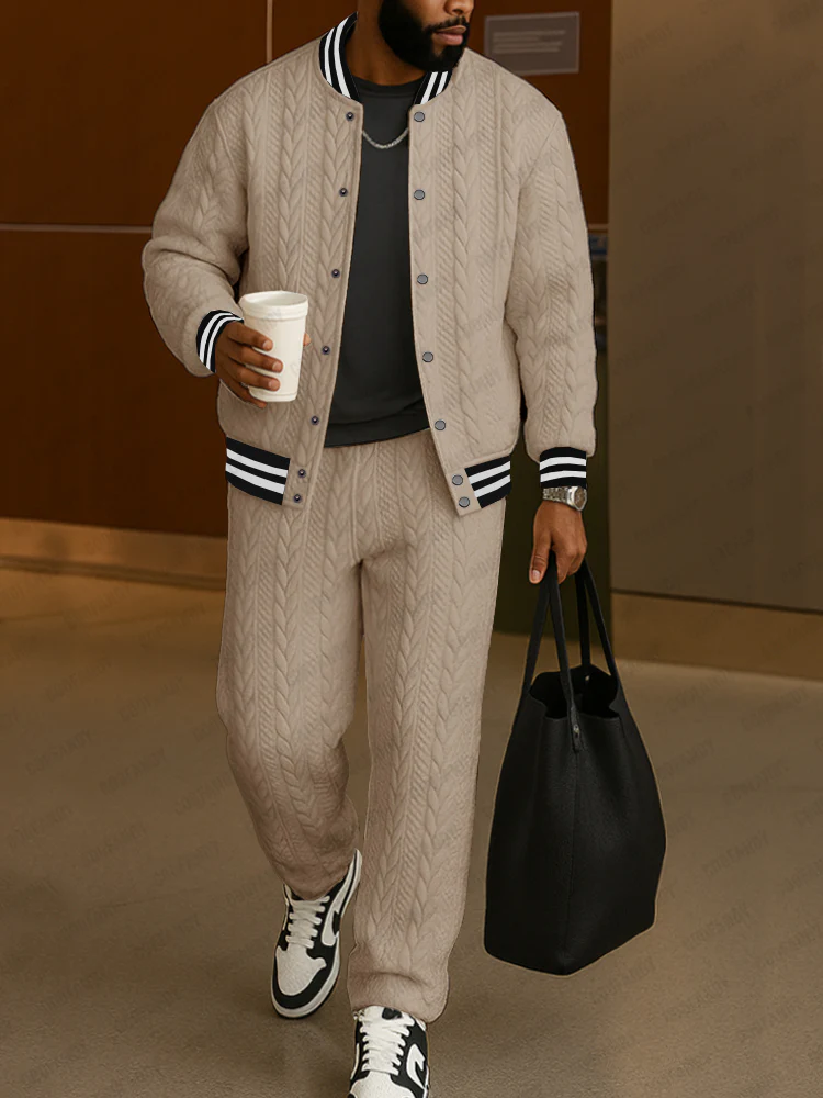 Casual Jacquard Textured Jacket Pants Set