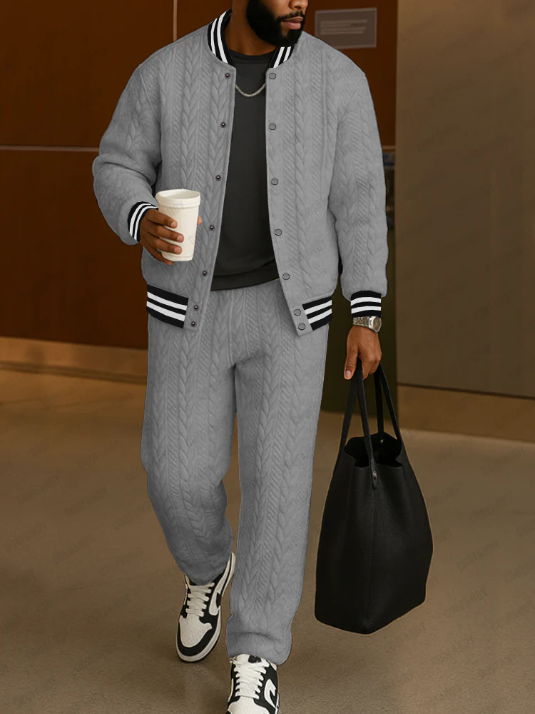 Casual Jacquard Textured Jacket Pants Set - Image 2