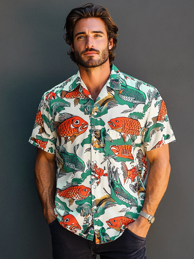 Casual Koi Fish Print Hawaiian Shirt - Image 2