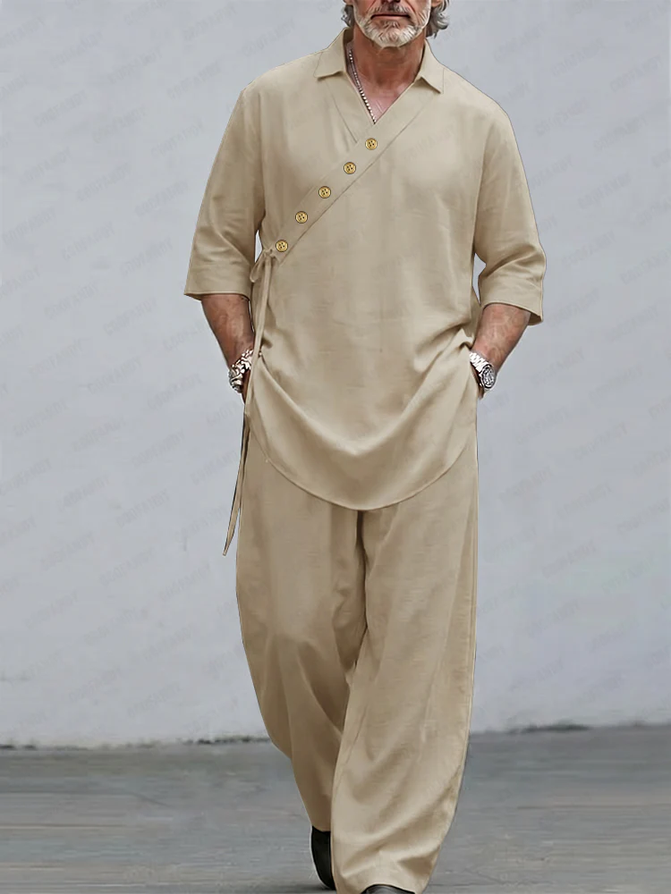 Casual Loose Decorative Slant Placket Pullover Top Pants Set