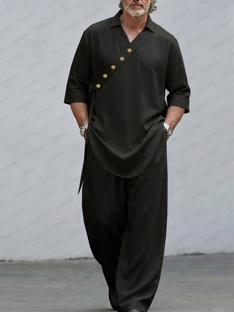 Casual Loose Decorative Slant Placket Pullover Top Pants Set - Image 2